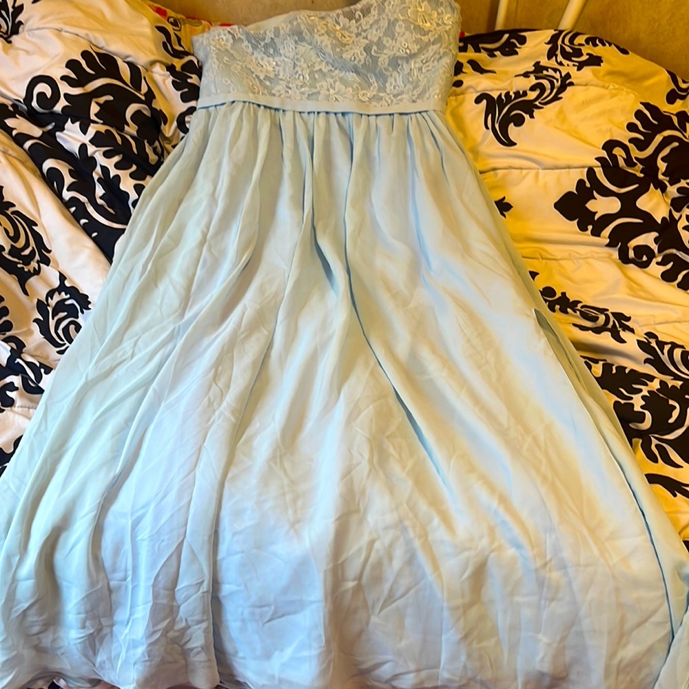 Long baby blue bridesmaids dress, one shoulder with lace top, size 10, Vnaix